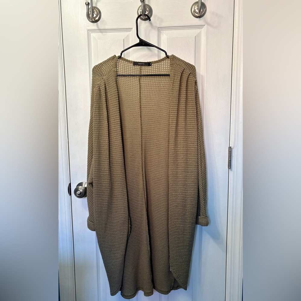 Zesica Long Waffle Knit Sweater Cardigan - Olive Green